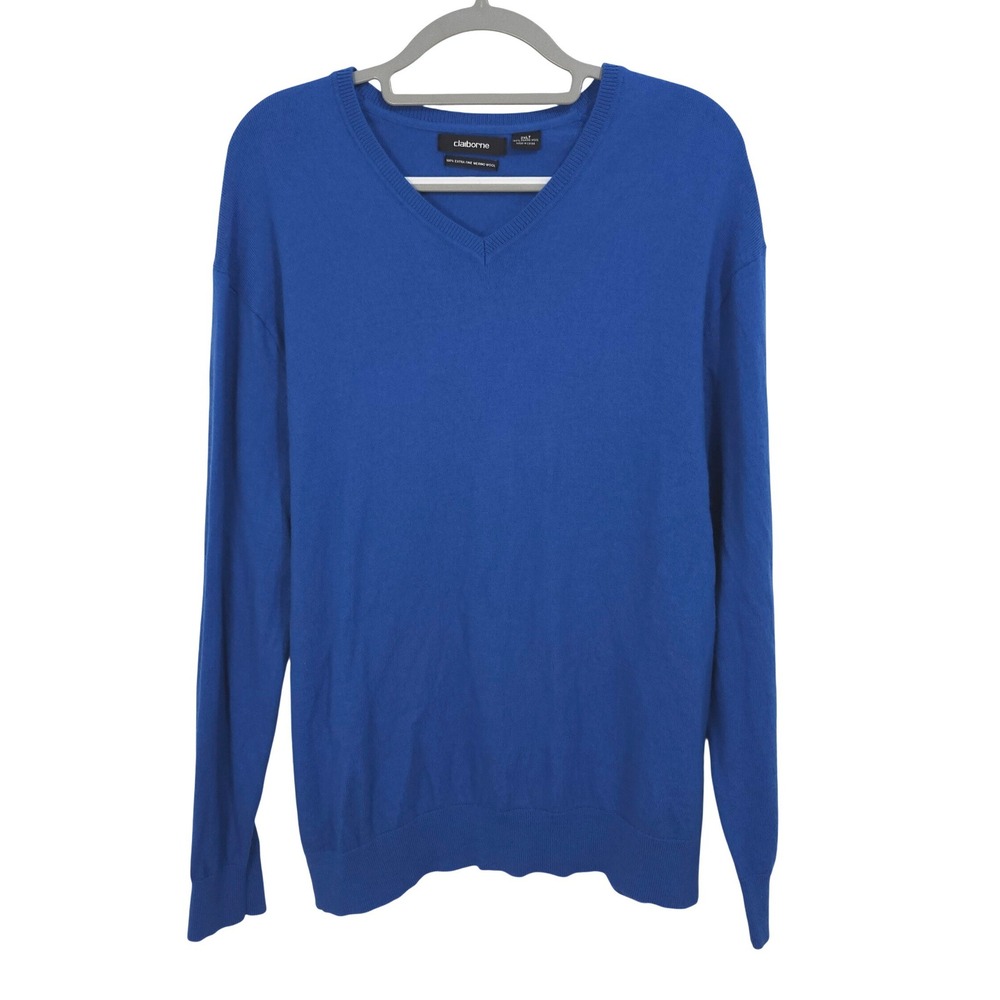 Claiborne 100% Extra Fine Merino Wool V-Neck Sweater Mens 2XLT Tall Royal Blue